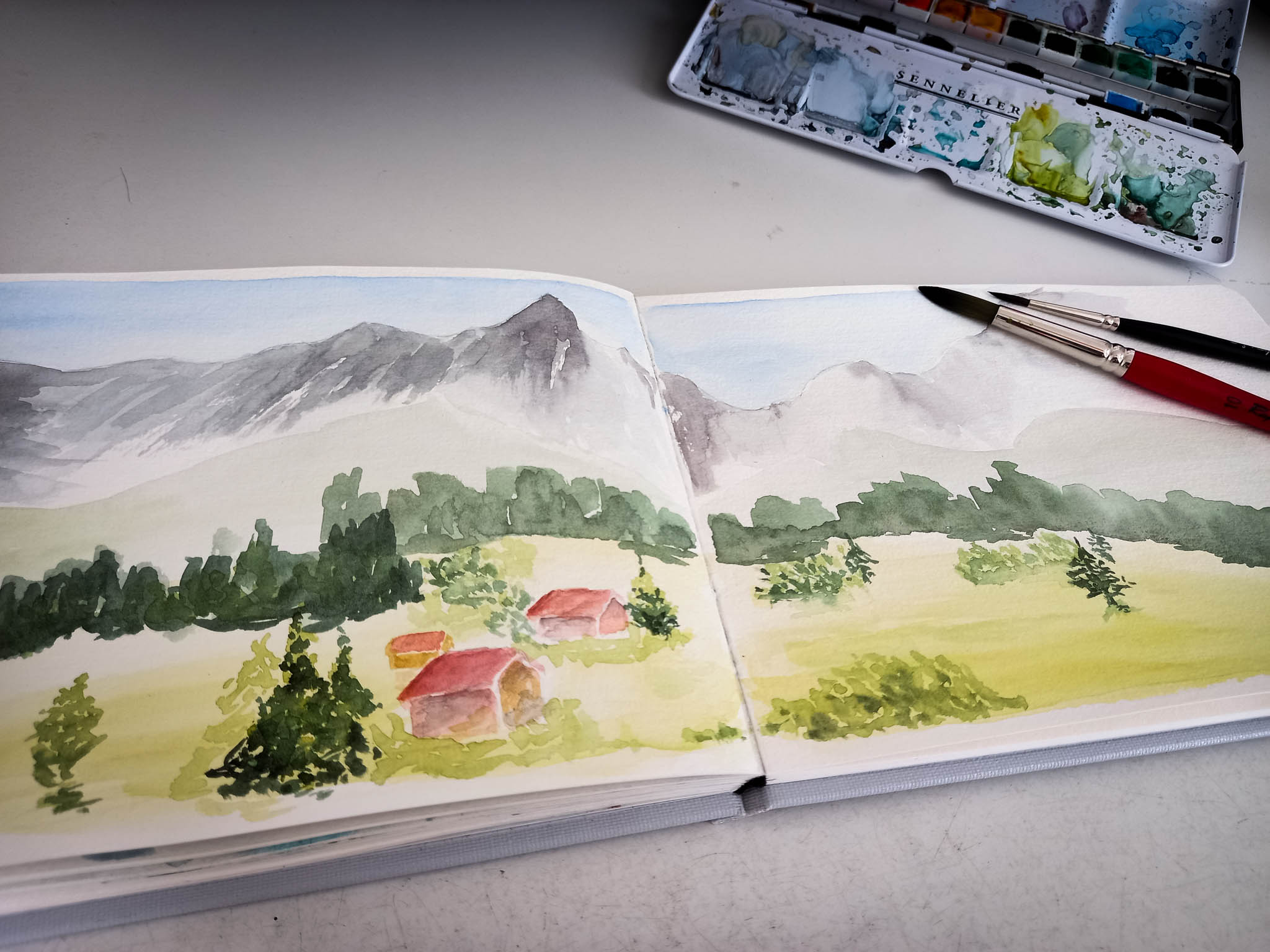 Peinture à L'aquarelle D'un Paysage De Montagne Avec Des Montagnes Et Une  Route.