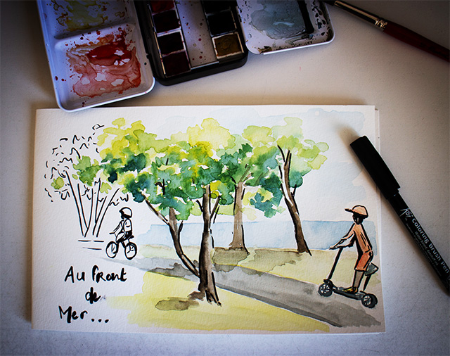 Jour 19 : cyclistes à l'aquarelle et au stylo - Mes carnets d'aquarelle